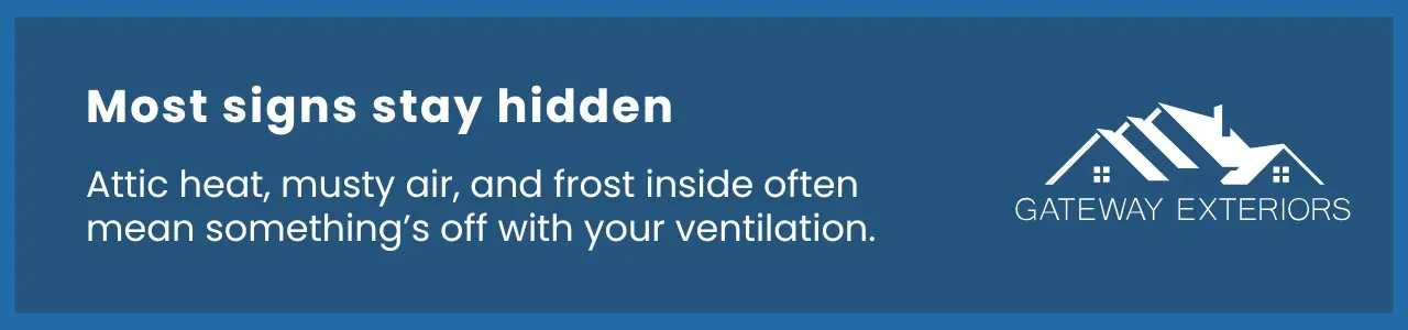 Graphic showing attic heat and frost as subtle signs of poor attic ventilation